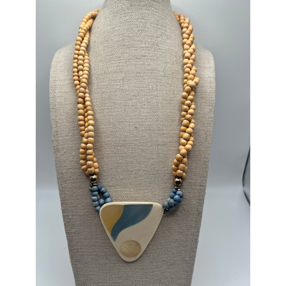 80s Boho Modernist Necklace Wood Beads Abstract Inlay Pendant 20"